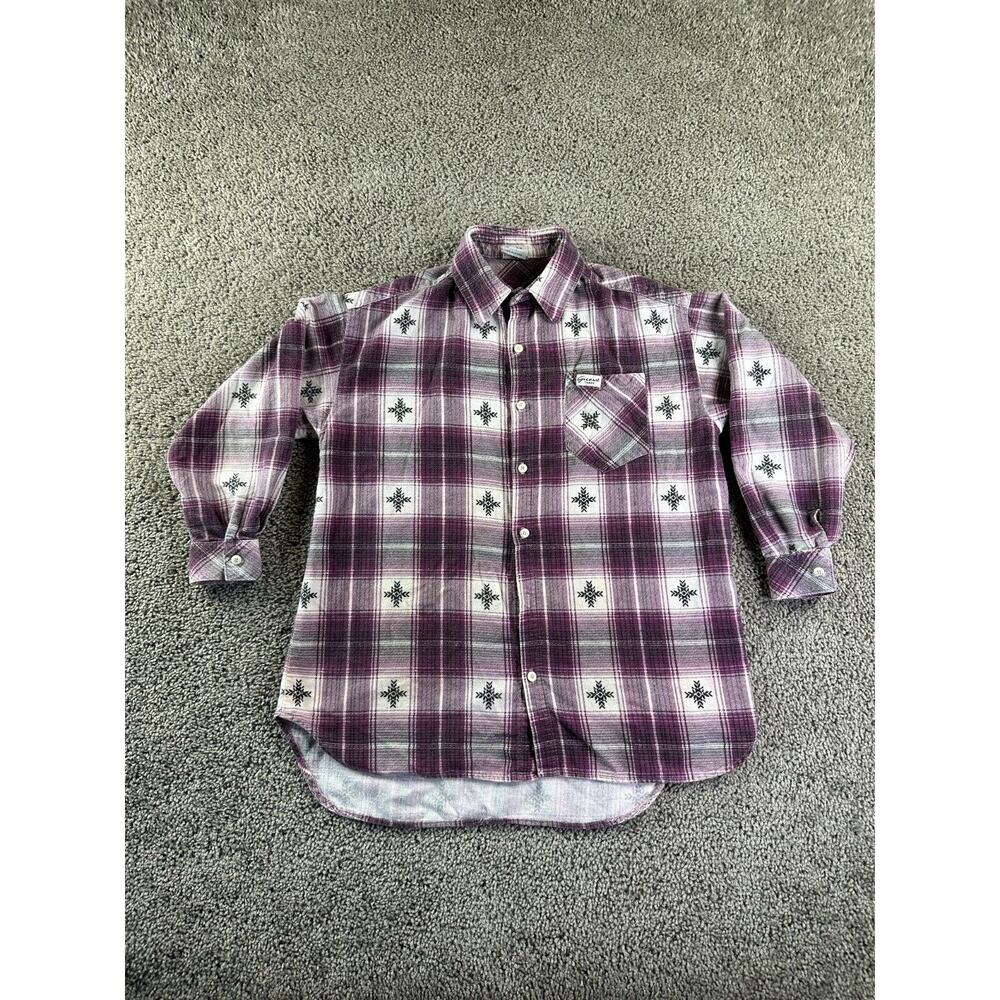 VINTAGE Guess Western Top Womens Large Purple White Flannel Button Up FLAW